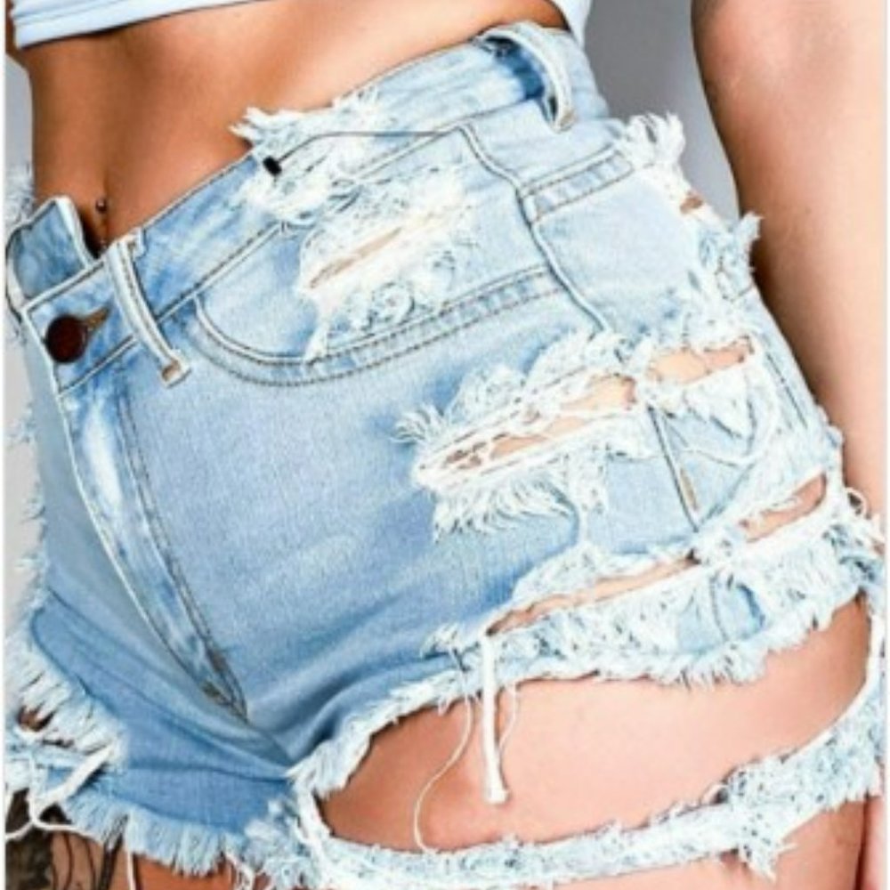 Distressed high waist ripped side cut out cute stretch perfect for summer short